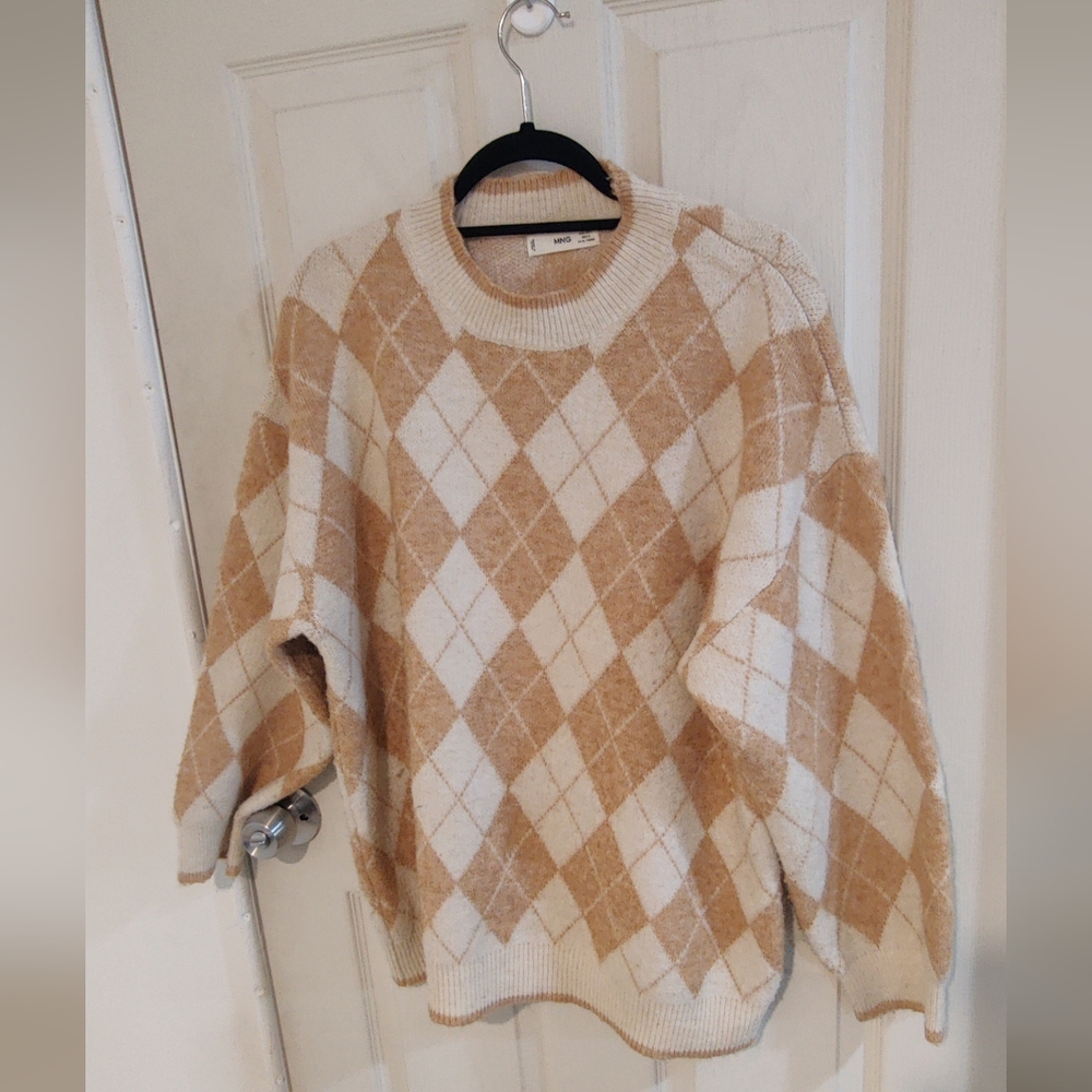 Mango Light Brown Tan White Argyle Sweater